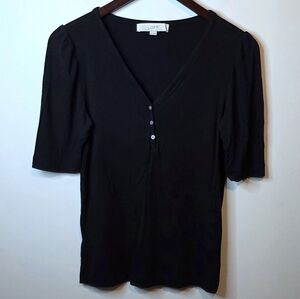 LOFT Black Ribbed Puff Sleeve Henley V-Neck Top Casual Coquette Size Medium